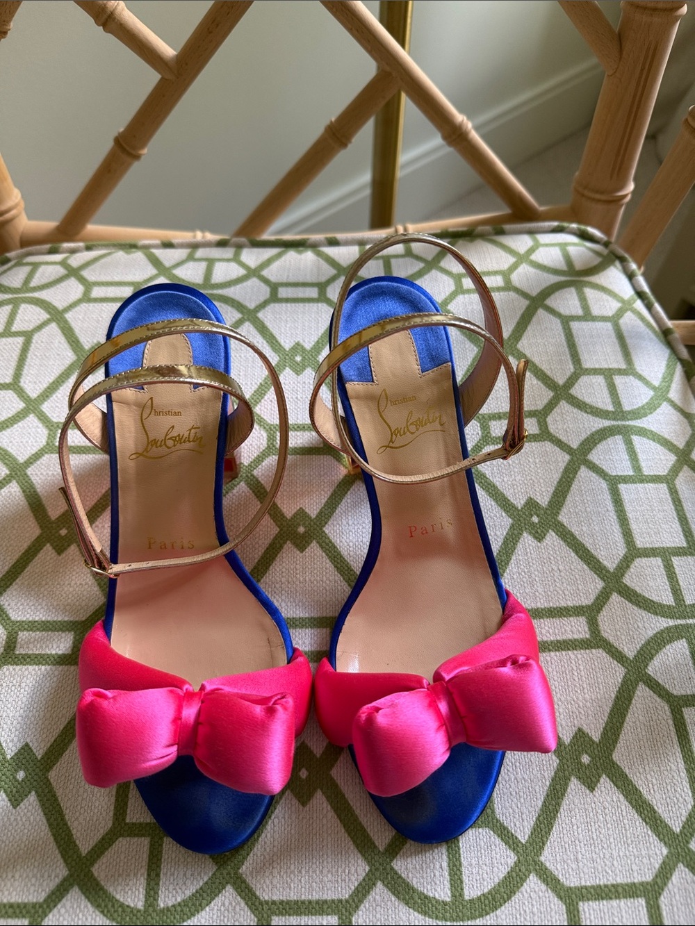 Christian Louboutin Blue Satin Heels with Pink Bow and Gold Straps size 37